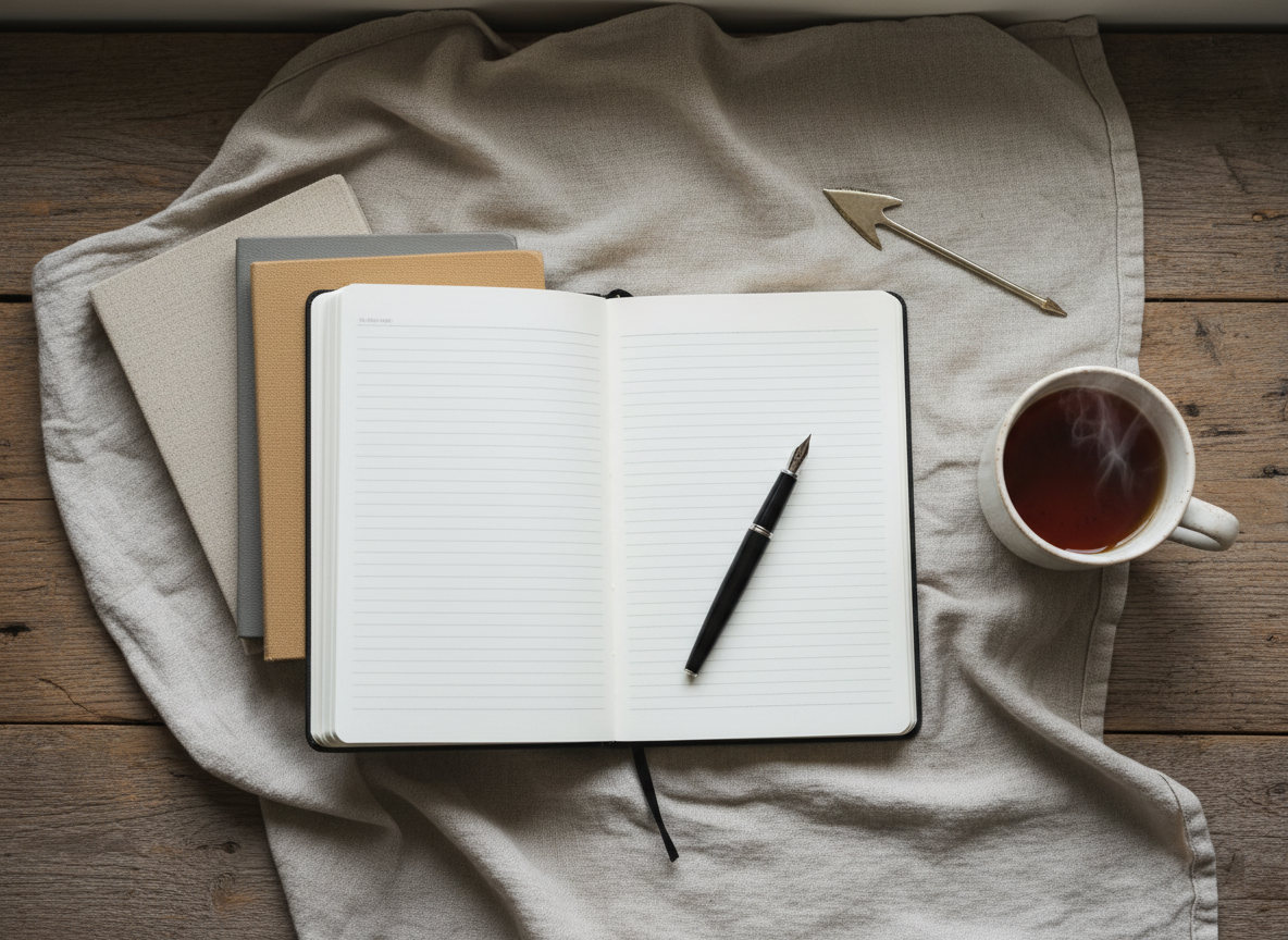 An overhead view of an open journal-style book with faintly lined, ivory pages, a sleek black fountain pen resting diagonally across the gutter. Around it, neatly arranged are three closed books in complementary neutral covers, a ceramic mug filled with tea, and a simple metal bookmark shaped like an arrow pointing forward. The scene sits on a pale linen cloth atop a rustic wooden table. Soft, overcast window light creates a gentle, even illumination with minimal shadows. Photographic realism with balanced, top-down composition suggests planning the next page and thoughtfully curating the next book in a calm, intentional mood.