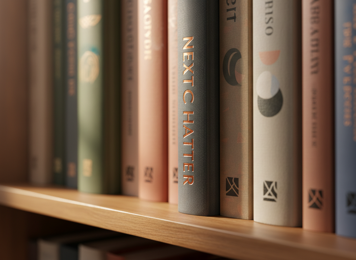 A close-up of a single book spine on a neatly arranged bookshelf, the title “Next Chapter” embossed in metallic copper on matte charcoal fabric. Surrounding spines show muted earth tones and minimalistic designs, all slightly out of focus. Soft, diffused morning light filters from the left, catching the metallic lettering and creating a subtle glow. The wooden shelf has a smooth, honey-colored grain that adds warmth. Photographic realism with a tight, vertical composition and shallow depth of field emphasizes the highlighted spine, conveying focus, intention, and the quiet excitement of choosing the next read.