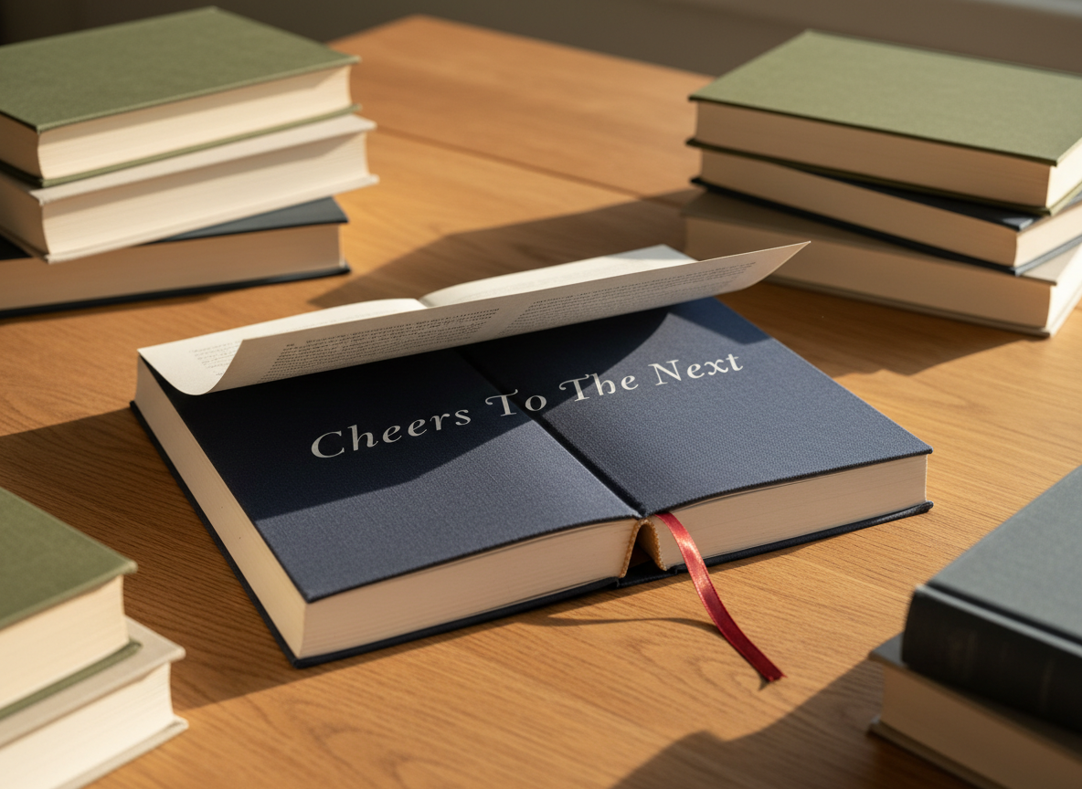 A hardcover book with a deep navy cloth cover and subtle silver foil title reading “Cheers To The Next” lies open on a warm oak table. One page is turned mid-air, frozen in motion, revealing creamy, slightly textured paper and a satin ribbon bookmark peeking out. Around it, soft-focus stacks of varied-height books create a cozy frame. Late afternoon golden light pours in from an unseen window, creating gentle highlights on the cloth texture and long, calm shadows. Photographic realism captured at a slightly elevated angle with shallow depth of field, evoking anticipation, new chapters, and a welcoming, reflective atmosphere.